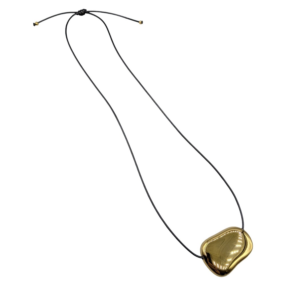 Gold Organic Pebble Pendant Adjustable Black Cord Necklace Bean Style Bbxbd
